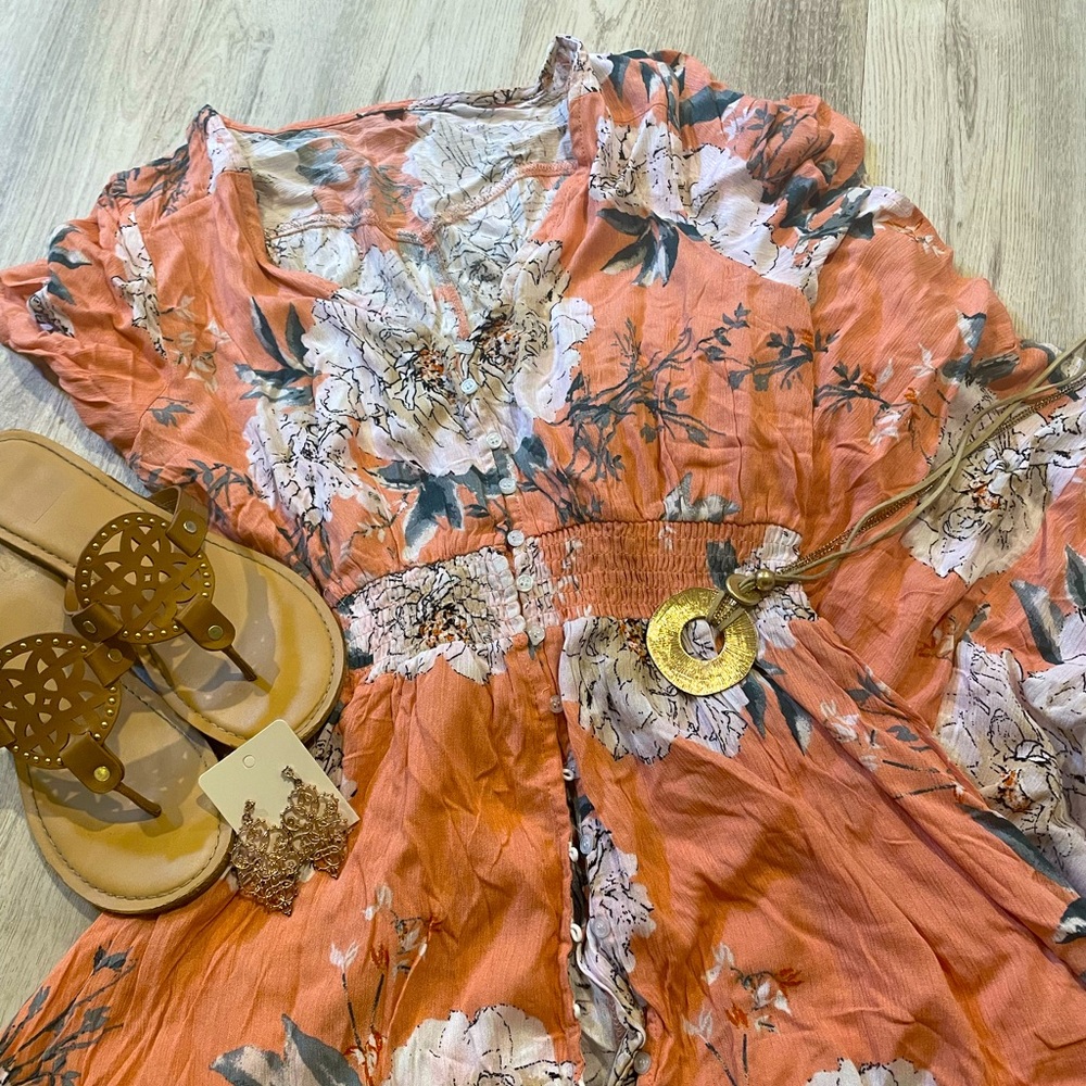 Coral floral dress - button Down
